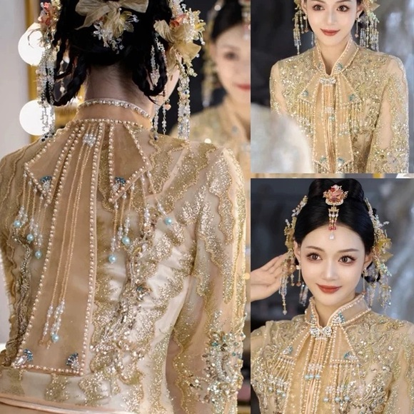 Elegant Gold Embellished Wedding Dress - Picture 3 of 4